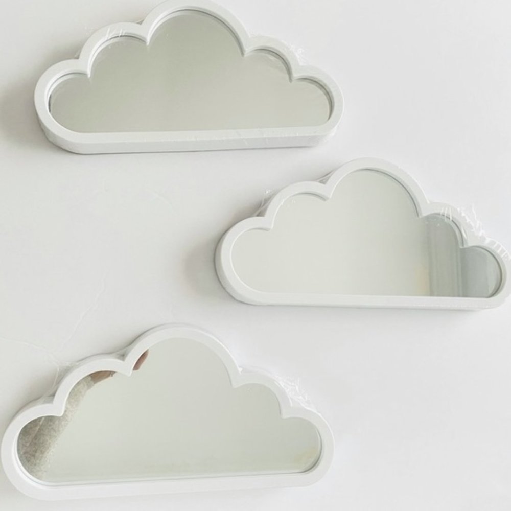 NEW 3pc Cloud Shaped Mirrors w/ White Frame Border, Child/Baby Wall Decor Art